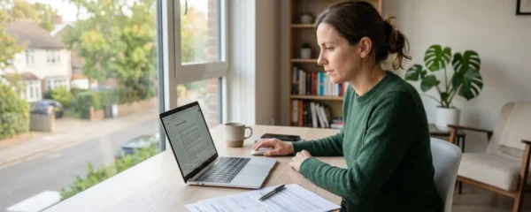 Une personne concentrée consulte des documents d'assurance sur son ordinateur portable dans un espace de travail à domicile lumineux