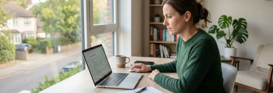 Une personne concentrée consulte des documents d'assurance sur son ordinateur portable dans un espace de travail à domicile lumineux