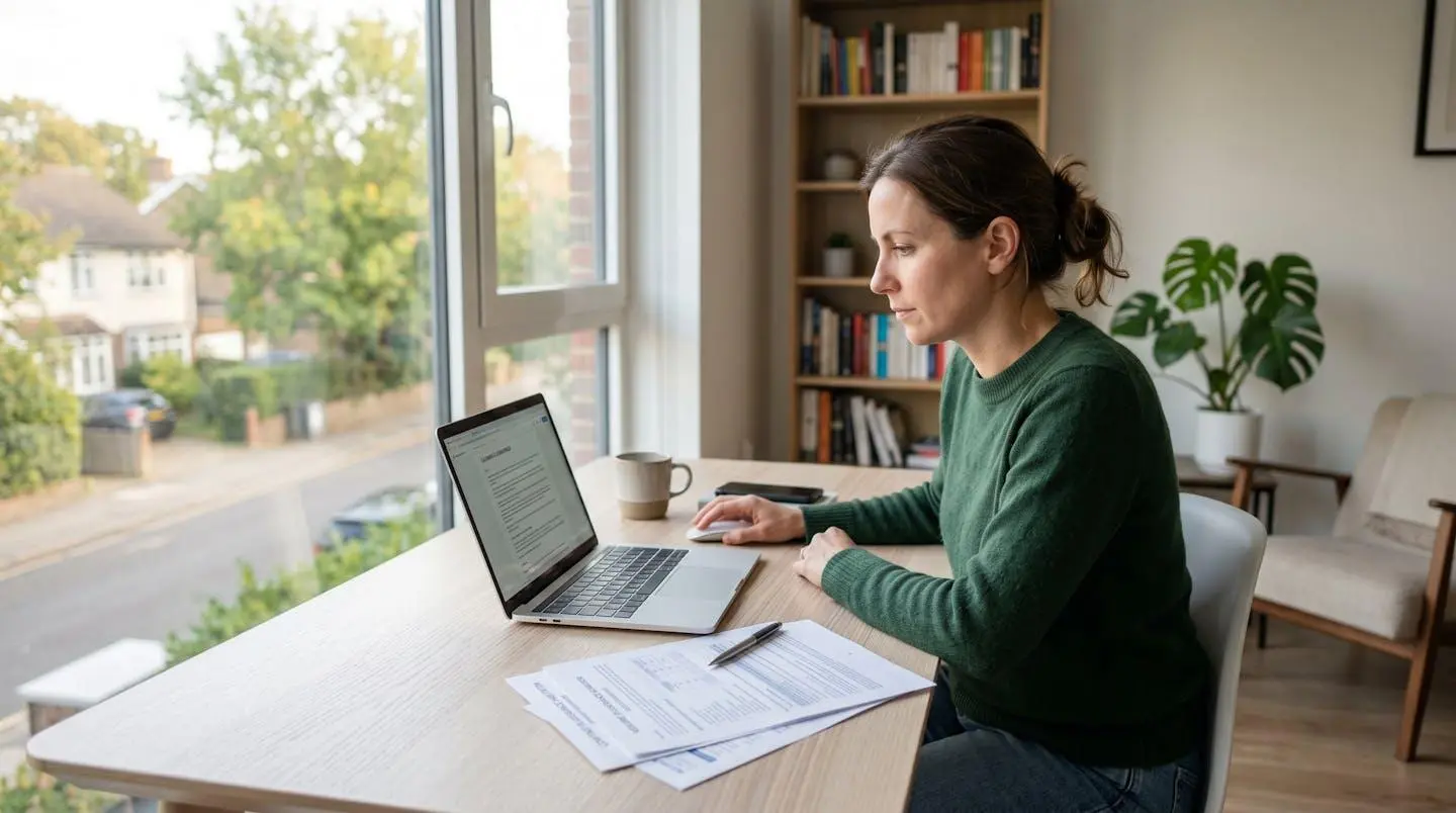 Une personne concentrée consulte des documents d'assurance sur son ordinateur portable dans un espace de travail à domicile lumineux