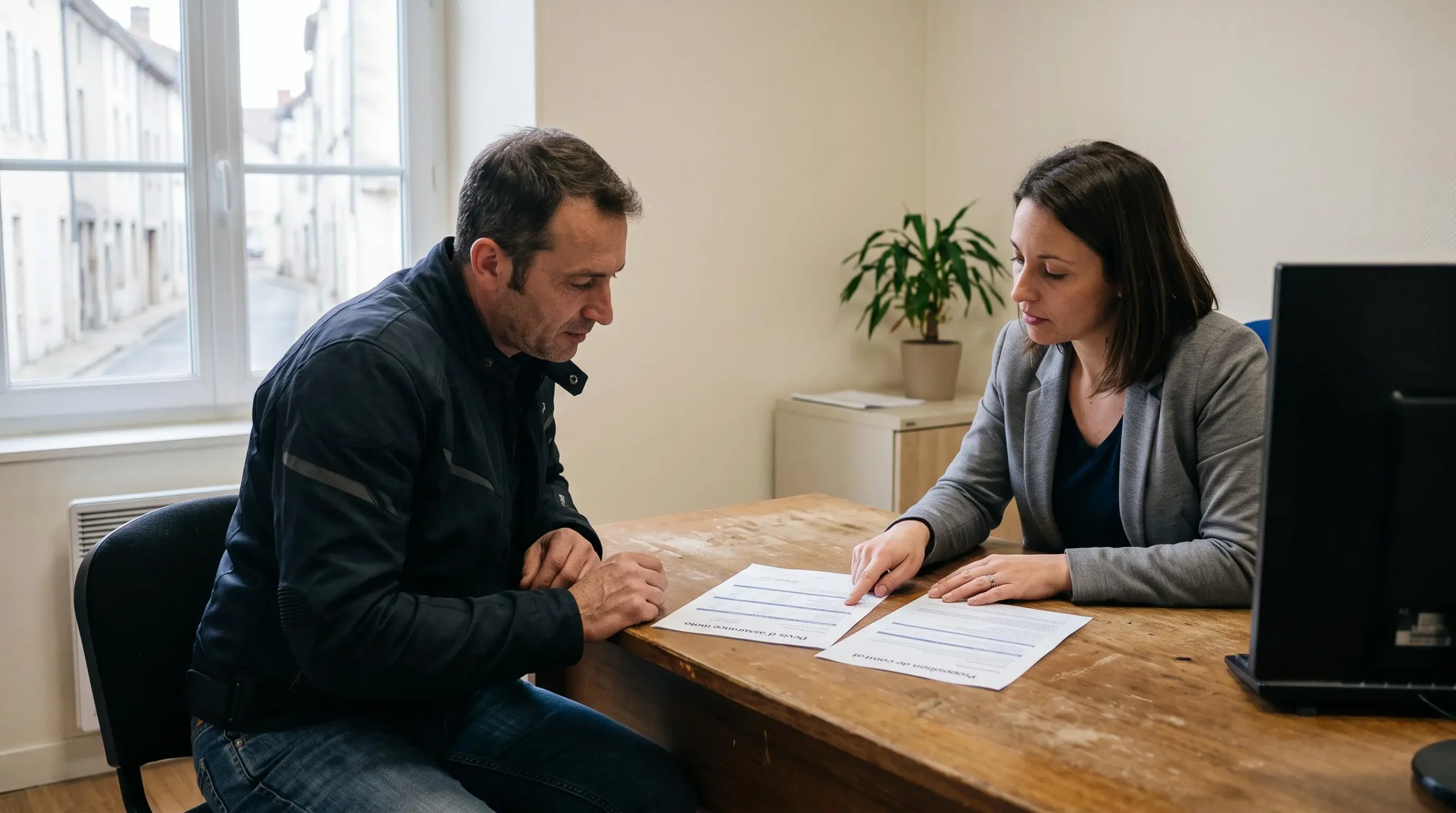Un motard compare deux devis d'assurance moto avec une conseillère dans le bureau d'une agence française.