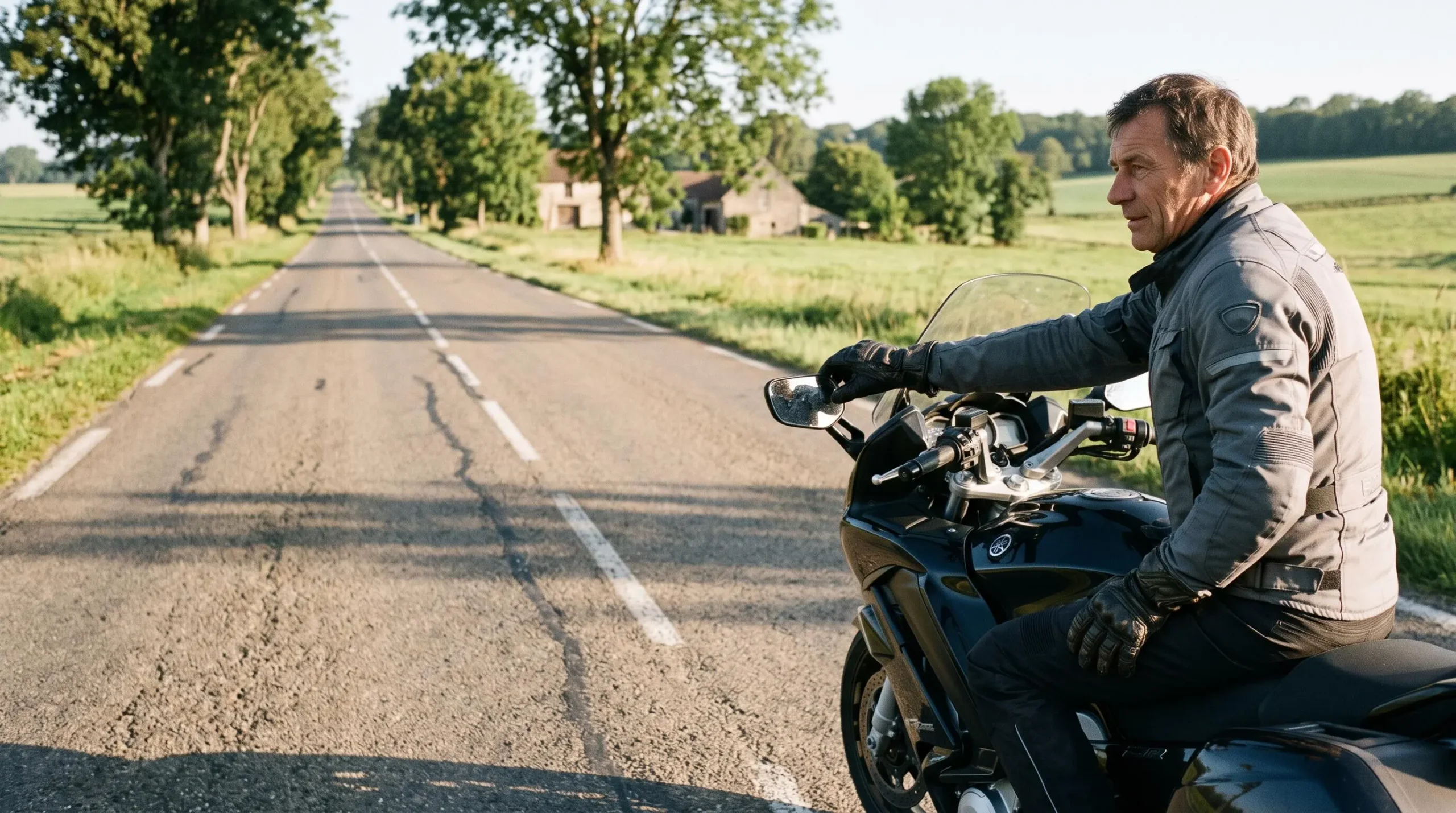 Un motard assis sur sa moto de route vérifie ses rétroviseurs avant de repartir sur une route de campagne française.
