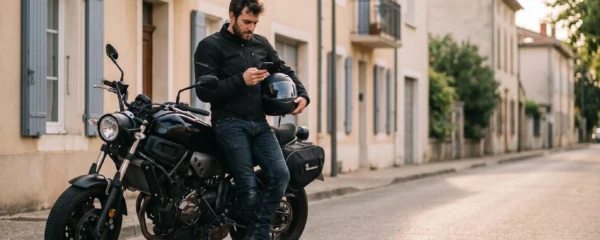 Un motard casque à la main compare des offres d'assurance sur son smartphone à côté de sa moto garée dans une rue résidentielle française.