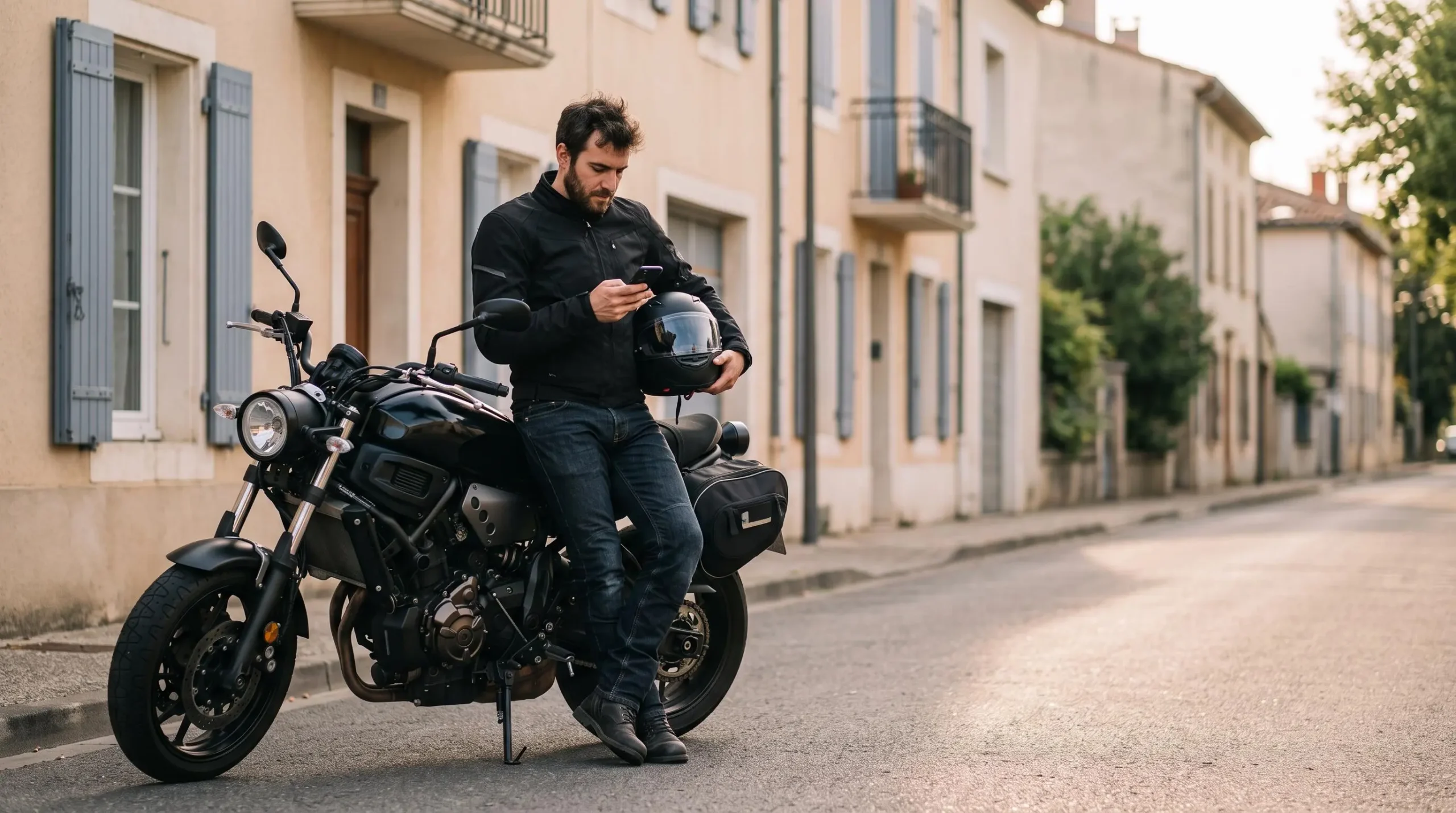Un motard casque à la main compare des offres d'assurance sur son smartphone à côté de sa moto garée dans une rue résidentielle française.
