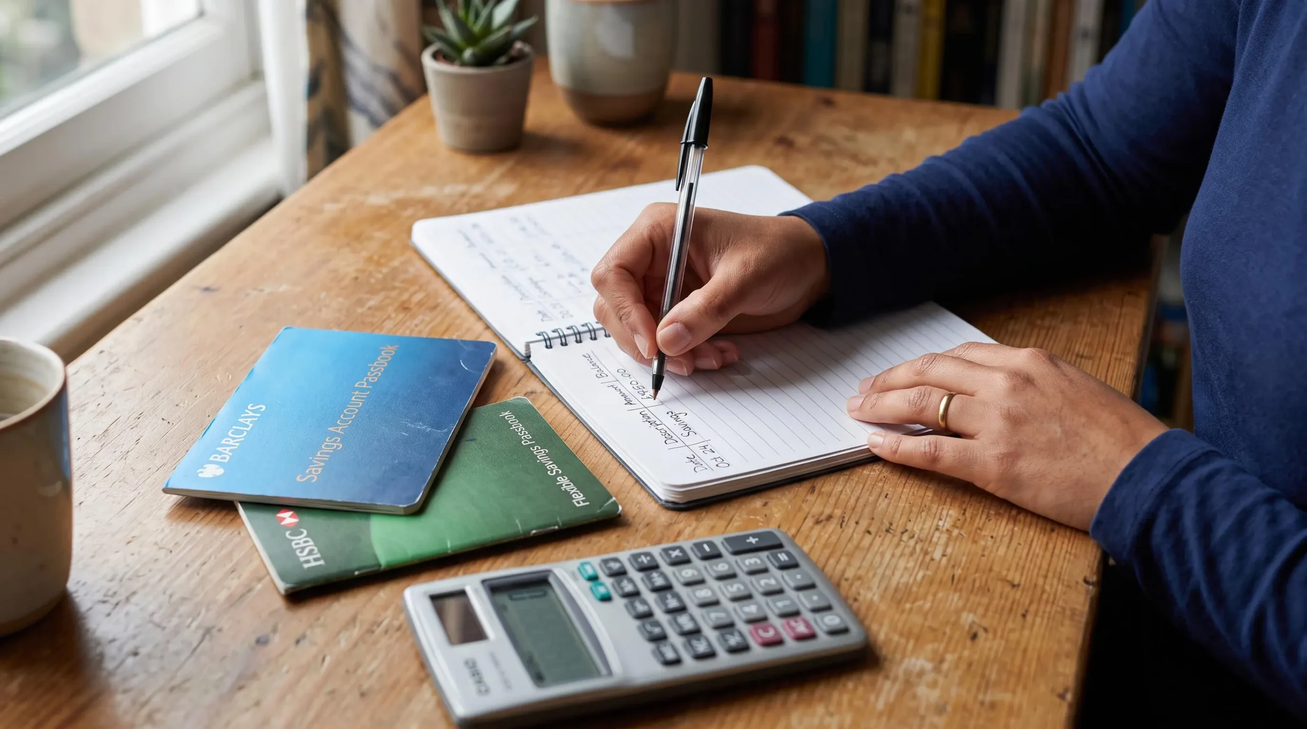 Gros plan sur des mains écrivant dans un carnet à côté de deux livrets d'épargne fermés et une calculatrice.